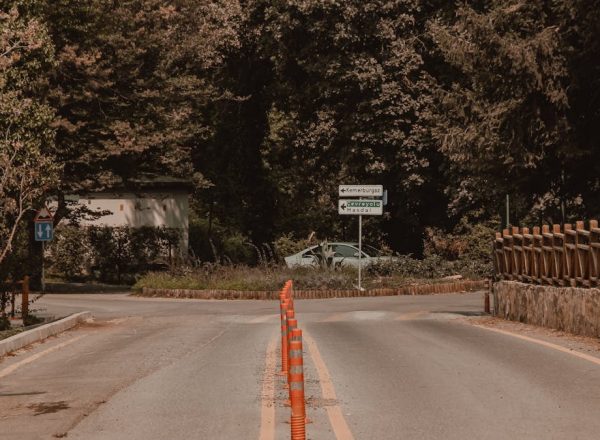A peaceful rural intersection lined with orange traffic cones, surrounded by dense forest. Ideal for travel or road safety themes.